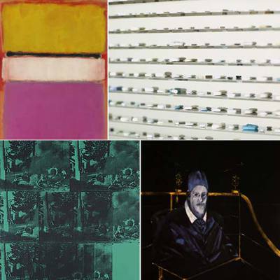 Arriba,  Centro blanco  (izquierda), de Mark Rothko, y  Lullaby Winter , de Damien Hirst. Abajo,  Green car crash , de Warhol, y  Estudio de Inocencio X,   de Bacon. 