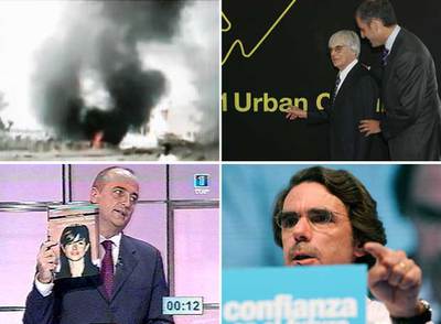 De izquierda a derecha y de arriba abajo: imagen de la guerra de Irak en el vídeo electoral del PSOE; el magnate de la fórmula 1 Bernie Ecclestone, con el presidente de la Generalitat Valenciana, Francisco Camps; el candidato socialista a la Alcaldía de Madrid, Miguel Sebastián, muestra la fotografía de Montserrat Corulla, y el ex presidente del Gobierno José María Aznar, en un mitin.