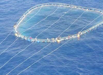 Los inmigrantes africanos agarrados en la almadraba del buque  Budafel,  en aguas de Libia, fotografiados el sábado desde un avión de la Marina italiana.