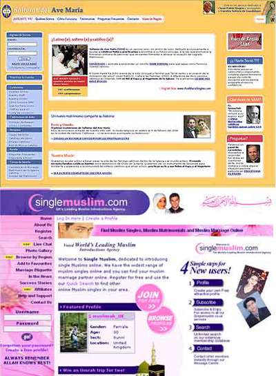 Páginas web  Solteros del Ave María  (arriba) y  Singlemuslim  (abajo).