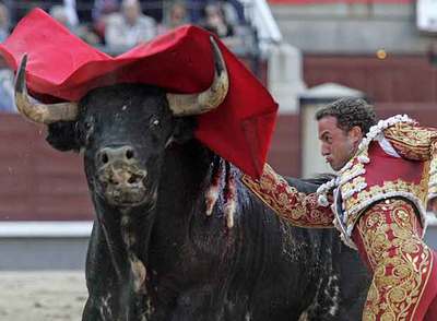 Rafaelillo da un pase de pecho a uno de los toros de Dolores Aguirre que se lidiaron ayer.