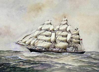 El  Cutty Sark  navegando a toda vela en sus tiempos de esplendor, en una acuarela del museo marítimo de Greenwich.