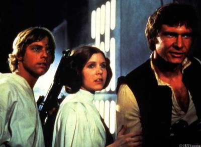 De izquierda a derecha, Mark Hamill, Carrie Fisher y Harrison Ford, en  La guerra de las galaxias .