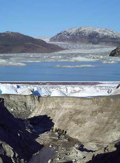 Arriba, el lago de los Hielos, antes de  escurrirse  sus aguas hasta el océano. Abajo, un grupo de personas visita el pasado mayo el lecho seco del lago de origen glaciar situado en los fiordos de la Patagonia. rnEFE