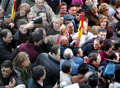 Dos momentos de la manifestación. Bono aparece a la derecha, y sujetando la bandera se ve a Isidoro Barrios y Antonia de la Cruz, militantes del PP.rn  EFE