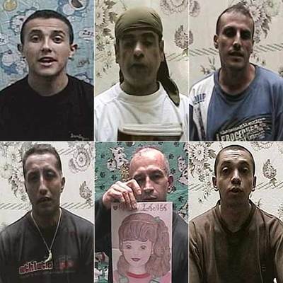 De izquierda a derecha y de arriba abajo: William Domínguez, Álvaro Moreno, Elkin Hernández, Luis Alberto Erazo, Yesid Valero y Pablo Moncayo, seis de los siete rehenes que aparecen en el vídeo difundido por las FARC.