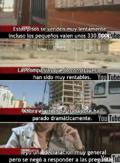 El polémico vídeo de la BBC empieza con unas imágenes de bloques de pisos vacíos en Vallecas para escenificar la caída del sector inmobiliario. El periodista británico habla de las crecientes dificultades para vender viviendas en España. Aparece un promotor y un experto inmobiliario que coinciden en el fin del  boom  y se quejan de la falta de respuestas del Gobierno. La ministra de Vivienda, Carme Chacón, sólo aparece para decir que hay que terminar la entrevista.