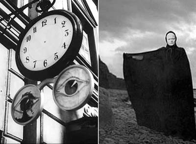 A la izquierda, fotograma de  Fresas salvajes . A la derecha, escena del filme  El séptimo sello .