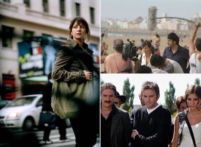 A la izquierda Najwa Nimri, en  Mataharis,  de Icíar Bollaín. Arriba a la derecha, Aitana Sánchez-Gijón y Carmelo Gómez, durante el rodaje de  La carta esférica,  de Imanol Uribe. Abajo, Fernando Tejero, entre Luis Bermejo y Lucía Jiménez, en  El club de los suicidas,  de Roberto Santiago.