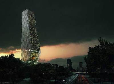 Imagen virtual del  skyline  de México DF con la Torre Bicentenario proyectada por Rem Koolhaas.