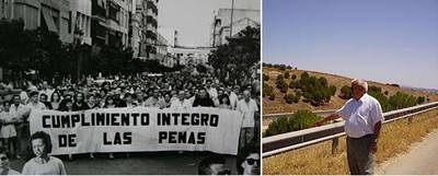 Manifestación en Puente Genil tras el crimen de Casta Castrillo en la que se exigía el cumplimiento íntegro de las penas en casos de esta naturaleza (fotografía de Framasr cedida por el diario  Córdoba).   A la derecha , Cipriano, padre de Casta, señala el lugar donde dejaron su bicicleta, que no apareció nunca.