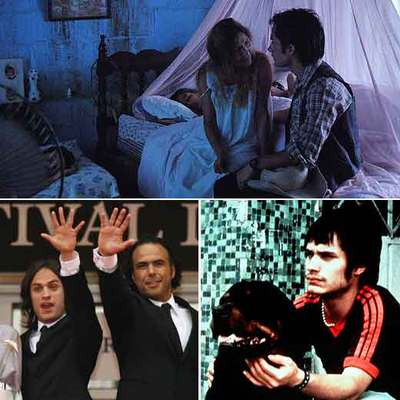 Arriba, Gael García en una escena de  Rudo y cursi;  abajo, a la izquierda, el actor, junto al director de  Babel , Alejandro González Iñárritu, en el pasado Festival de Cannes; a la derecha, el actor en  Amores perros .