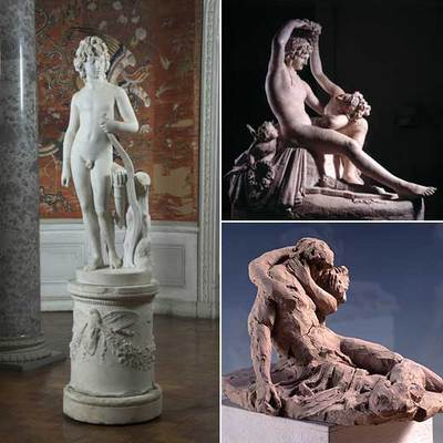 Varias de las obras de Antonio Canova que se exponen en Possagno. A la izquierda,  El príncipe Lubormirski  en su emplazamiento original, en el castillo de Lancut (Polonia); arriba, el yeso coloreado  Adonis coronado por Venus;  abajo, la terracota  Venus y Adonis. 