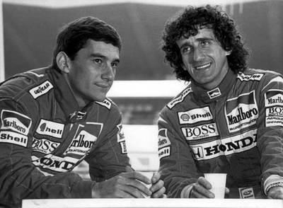 Ayrton Senna y Alain Prost, en una foto de promoción de McLaren.