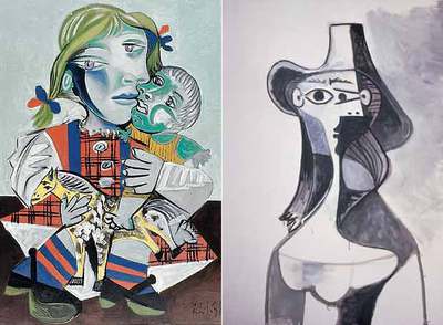 A la izquierda,  Maya con muñeca , un óleo de 1939; a la derecha, un retrato de Jacqueline datado en 1961.