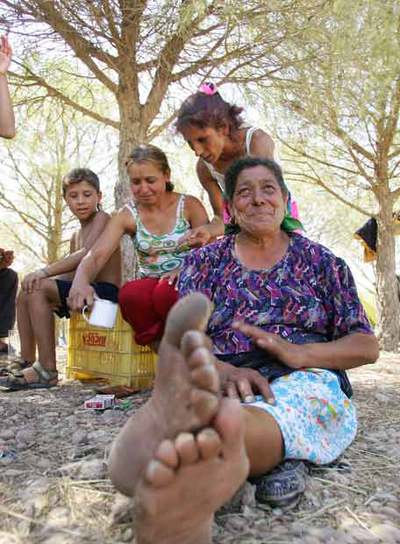 Mujeres del campamento toman el fresco bajo los pinos.