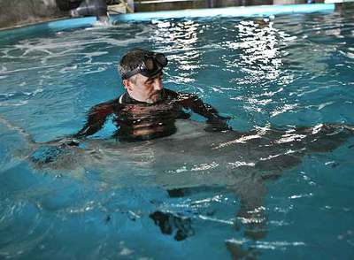 Un técnico de Aquarium Barcelona ayuda a nadar en un tanque al tiburón capturado en Tarragona.