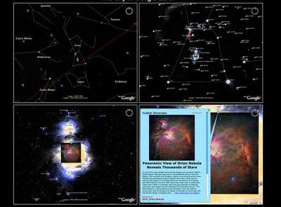 Ejemplo de navegación por Sky cuando se busca la nebulosa de Orión. En cuatro pantallas, se pasa de una vista de las constelaciones a la constelación de Orión, la situación de la nebulosa y una imagen de ésta con sus datos.