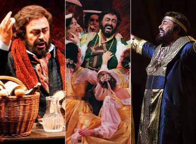 Pavarotti, en una escena de  La bohème  (a la izquierda) en el Regia de Turín, en 1996; en  L'elisir d'amore,  en el Metropolitan de Nueva York, en 1998 (en el centro), y saludando al público tras una representación de  Aida,  también en el Metropolitan, en 2001.