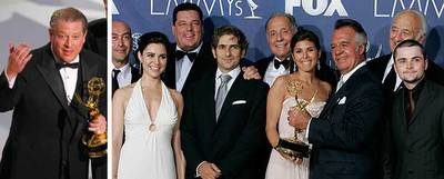 El ex vicepresidente Al Gore, con su premio. A la derecha, parte del equipo de  Los Soprano,  tras recibir el trofeo.
