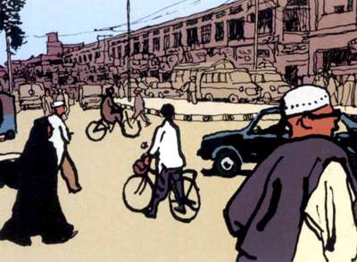 Una calle de Peshawar (Pakistán), en una viñeta de  El fotógrafo,  colección de tres libros que relata el viaje que llevó al fotógrafo francés Didier Lefèvre hasta Afganistán.