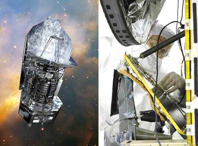 Dibujo del telescopio espacial europeo  Herschel  y montaje de un chip con 360.000 nombres de personas en  Dawn. 