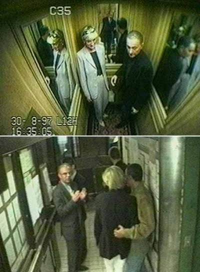 Fotos presentadas en el juicio: Diana y Dodi en el ascensor del hotel, y la pareja con el chófer Henri Paul, momentos antes del accidente. rn AFP