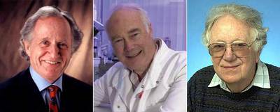 De izquierda a derecha, los científicos Mario R. Capecchi, Martin J. Evans y  Oliver Smithies, galardonados con el Nobel de Medicina. rn EFE  AFP