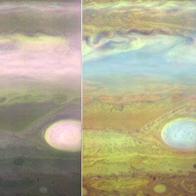 Imágenes de la atmósfera de Júpiter tomadas por la  New Horizons  en dos rangos de infrarrojo.