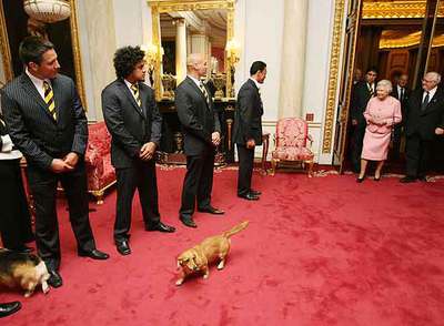 La reina Isabel con los jugadores de rugby de Nueva Zelanda.