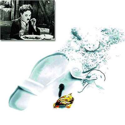 Fotograma de  La quimera del oro  y la traducción culinaria de la bota hecha por Yann Duytsche.