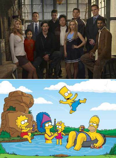Arriba, los protagonistas de la producción televisiva  Héroes.  Abajo, una imagen de la serie de animación  Los Simpson. 