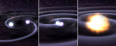 Ilustración de dos enanas blancas en órbita que se van acercando hasta colisionar (de izquierda a derecha).