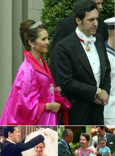 Arriba, los duques de Lugo en Copenhague en 2004. Debajo, a la izquierda, su enlace matrimonial en Sevilla en 1995. A la derecha, el matrimonio y sus dos hijos con el rey Juan Carlos en 2000.