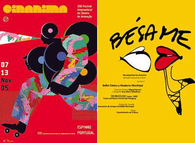 A la izquierda, la imagen para el 29º Festival de Cine de Animación de Portugal, Cinanima, de Joao Machado (2005) y, a la derecha, cartel para la obra  Bésame , del Ballet clásico y moderno municipal de Asunción, Paraguay, de Celeste Prieto (2005).