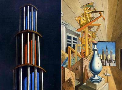 A la izquierda,  La torre,  de 1974. A la derecha, el cuadro  Visión metafísica de Nueva York,  1975, de Giorgio de Chirico.