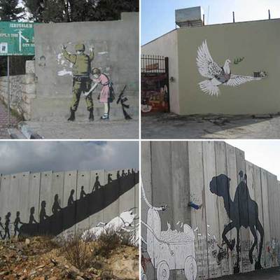 Niña  cacheando  a soldado israelí (arriba, izquierda) en el campo de refugiados de Dheisheh, y paloma con chaleco antibalas sobre un muro perforado por proyectiles (arriba, derecha), ambos de Banksy. Escalera mecánica (abajo, izquierda) y camello (derecha), por el español Sam3.