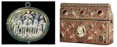 Camafeo llamado  El triunfo de Licinio,  siglo IV, de la Biblioteca Nacional de Francia (izquierda) y cofre de Teodorico, año 654-56, de oro, pasta de cristal y camafeos.