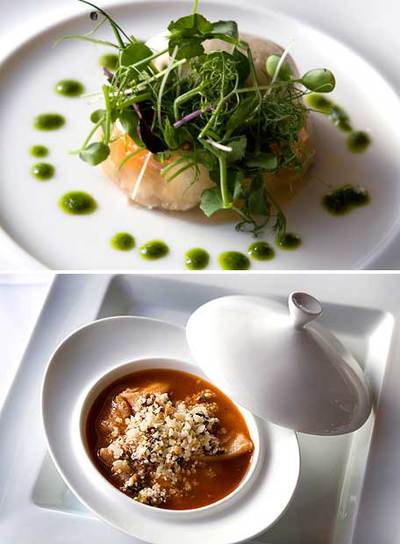 Arriba,  savarin  de sesos. Abajo, callos de ternera.