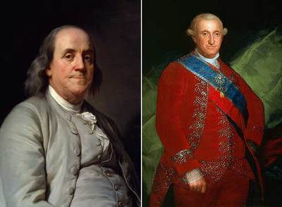 A la izquierda, retrato de Benjamin Franklin, de Josep Sifred Duplessis. A la derecha, Carlos IV pintado por Goya en 1789.