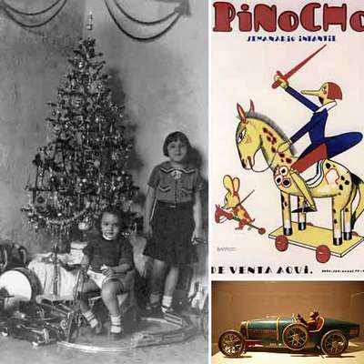 El Bugatti de Payá de 1935 (derecha), sueño de los niños de los años de guerra (como los de la imagen, de 1938). Arriba, un semanario infantil de 1928.