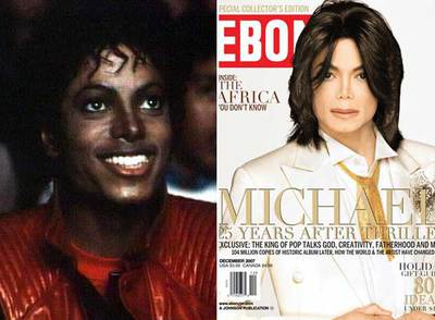 A la izquierda, Jackson en su vídeo musical  Thriller,  hace 25 años. A la derecha, portada actual de la revista  Ebony. 