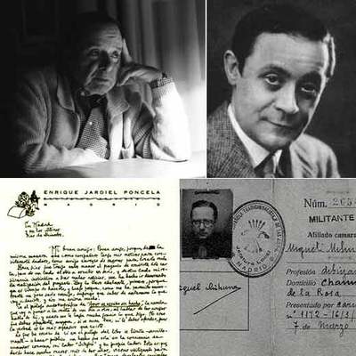 A la izquierda, Miguel Mihura, fotografiado en 1977. A la derecha, un retrato de Enrique Jardiel Poncela. Abajo, a la izquierda, la famosa carta-protesta enviada por Jardiel a Mihura para quejarse de que éste le plagiaba. A la derecha, carné de falangista del autor de  Tres sombreros de copa.  