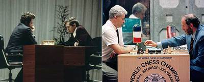 A la izquierda, Borís Spassky y Bobby Fischer durante su duelo en Islandia en 1972 por el título mundial. A la derecha, ambos en el de Yugoslavia, la revancha, en 1992. rn ap