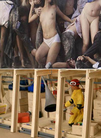 Arriba,  The rape of the Sabine women  (2206), imagen del vídeo de Eve Sussman & The Rufus Corporation. Abajo,  Horizon moins vingt. Action men  (2006), maqueta escala 15 de Abraham Poincheval y Laurent Tixador.