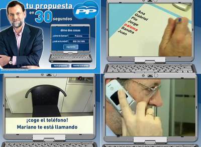 En la página www.tupropuestaen30segundos.com hay que introducir un nombre y un número de teléfono. Después comienza un vídeo en el que varios dirigentes del PP escenifican una reunión. Pero falta alguien. Rajoy llama por teléfono al ausente, que al descolgar oye la voz del líder del PP.