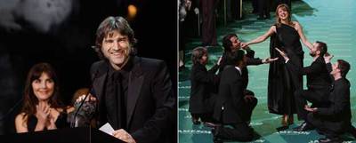 A la izquierda, Alberto San Juan con el Goya al mejor actor. A la derecha, la actriz Emma Suárez y el equipo de  Bajo las estrellas , a su llegada a la gala de anoche.