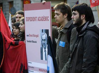 Algunos de los convocantes de las manifestaciones del 14 de febrero, en Barcelona.