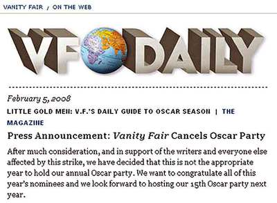 La  web  de  Vanity Fair  con el anuncio de la cancelación de la fiesta.