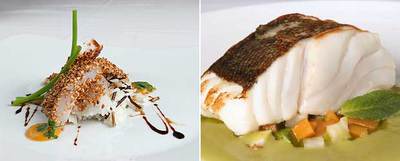 El skrei, según Andrés Madrigal: con sésamo y arroz, chupito de soja y muselina de ajo y asado con crema de guisantes.
